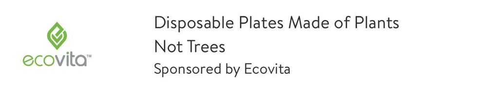 Screenshot of a sponsored product listing for Eco vita plates. There is a tagline which reads “disposable plates made of plants, not trees.”
