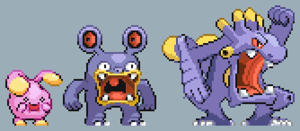 Pixel Art depicting the Normal-Type Pokemon line introduced in the Generation 3 games: Whismur, Loudred and Exploud.