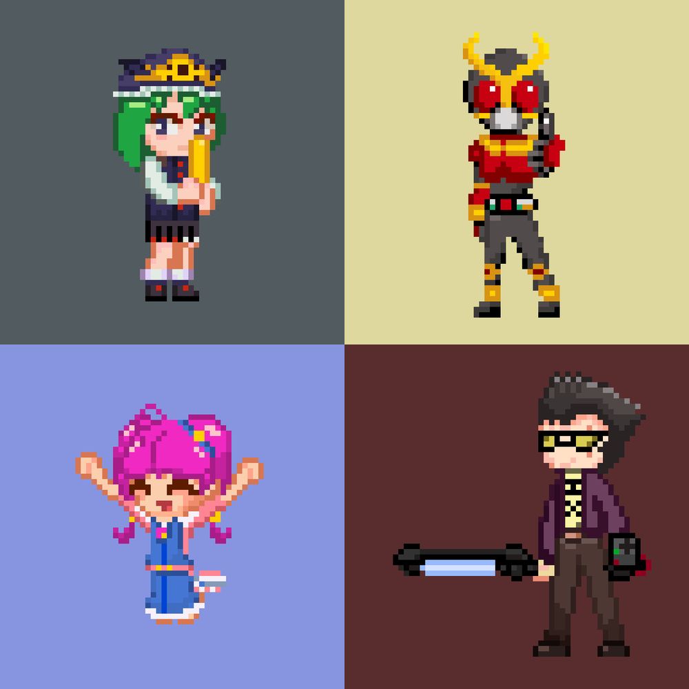 Shiki Eiki from Touhou; Kamen Rider Kuuga from the Kamen Rider series; Hoshina Hikaru from Star Twinkle Precure; And Travis Touchdown from No More Heroes.
