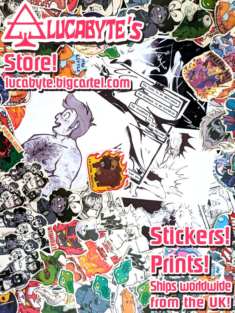 A collage of stickers and prints. Text reads "Lucabyte's Store lucabyte.bigcartel.com Stickers! Prints! Ships worldwide from the UK!"