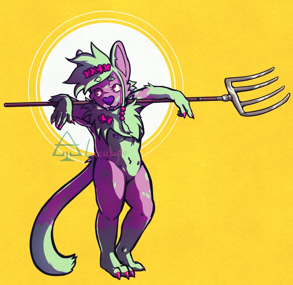 A digital illustration of an anthropomorphic cat. The background is a bold yellow with a white circle highlighting the figure. She is posed with a pitchfork under her arms and is lit starkly from the right.