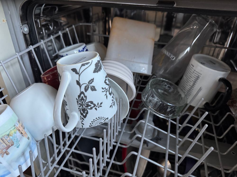 A dishwasher. One cup is balanced on top of the spokes that are clearly for little plates or to hold glasses in place. Just balancing on the top, probably shouting “mum, look at meeeeee!”