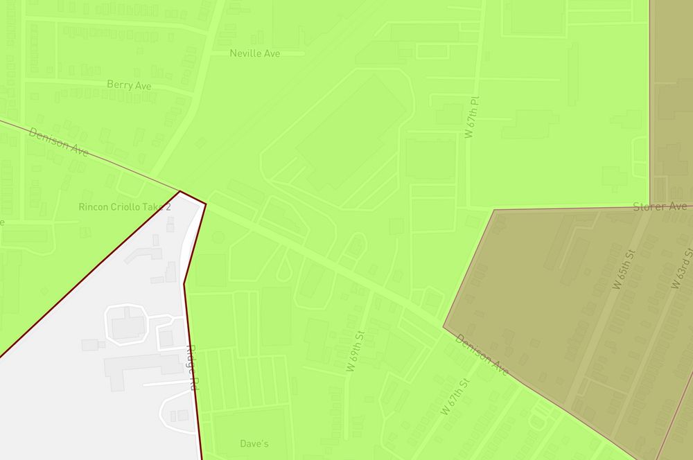 A picture of the narrowest part of the proposed Ward 11, showing the single industrial building that connects the Detroit-Shoreway/Stockyards portion with the Old Brooklyn portion. 