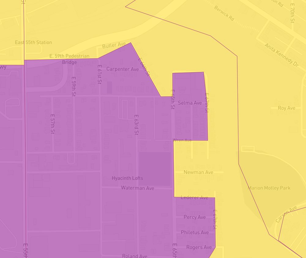 The border of proposed Wards 3 and 5 in far northern Slavic Village, where houses on the east sides of E 64th, 65th, and 67th Streets and on Newman Avenue are in Ward 5, but must walk or drive through Ward 3 in order to reach any other part of Ward 5. 