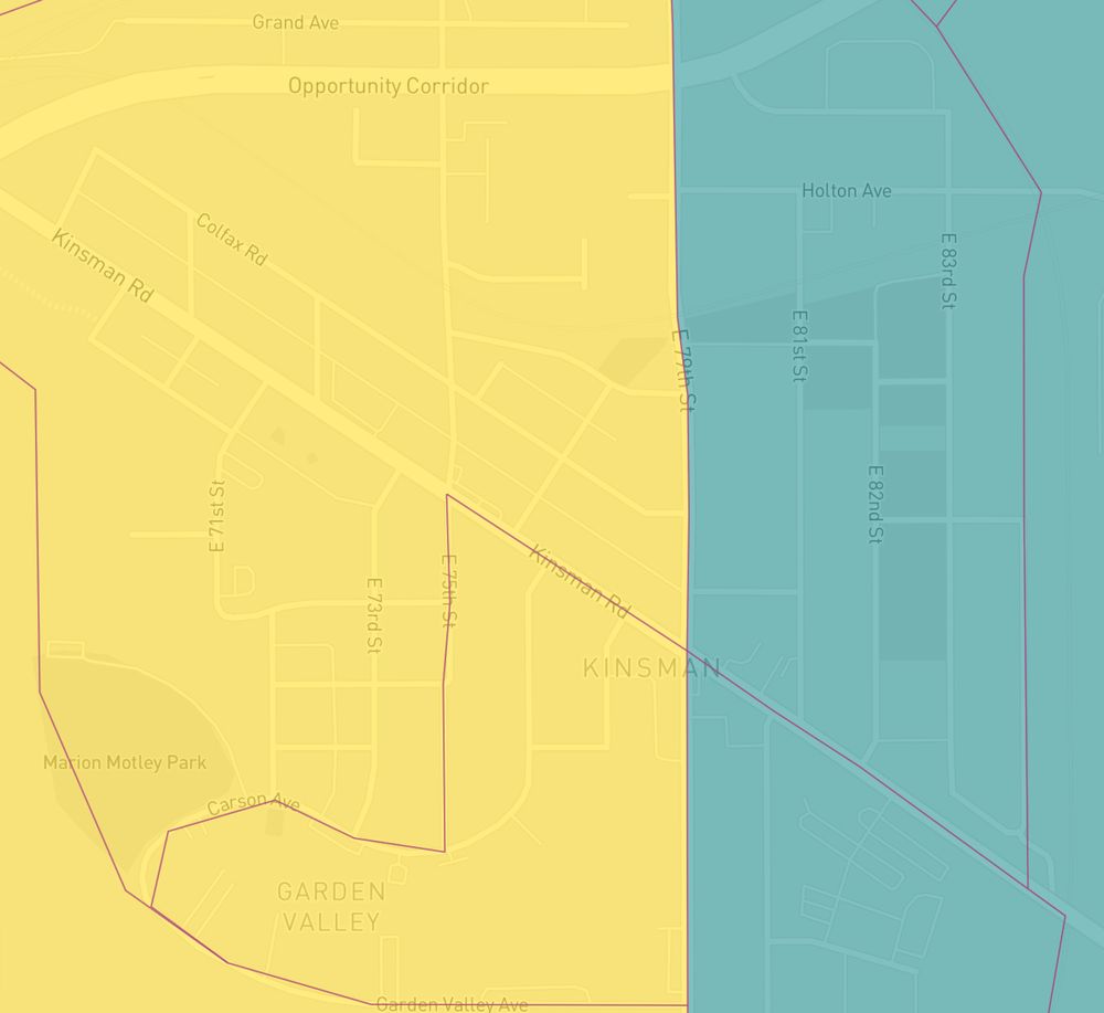 The Garden Valley neighborhood, showing the split on East 79th that isolates about 20% of the neighborhood into Ward 6. 
