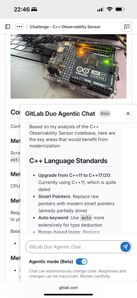 GitLab Duo Agentic Chat, summary of the analysis to modernize the C++ codebase. 