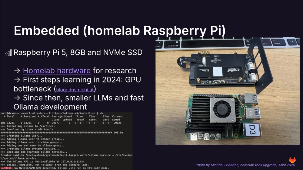 Screenshot of a talk about "Learning AI 101", saying "Embedded (homelab Raspberry Pi). The picture on the right shows a Raspberry Pi 5 board with a fan, and a 10 inch rack assembly module for PIs, where an SSD is mounted in an 2280 NVMe slot. The slide talks about using homelab hardware to run Large Language Models, first learnings in 2024 with GPU bottlenecks, and excitement about smaller LLMs, and faster Ollama development. Ollama is a server/desktop runtime to serve different models, and can run on a Raspberry Pi 5, Windows, Linux, macOS. 