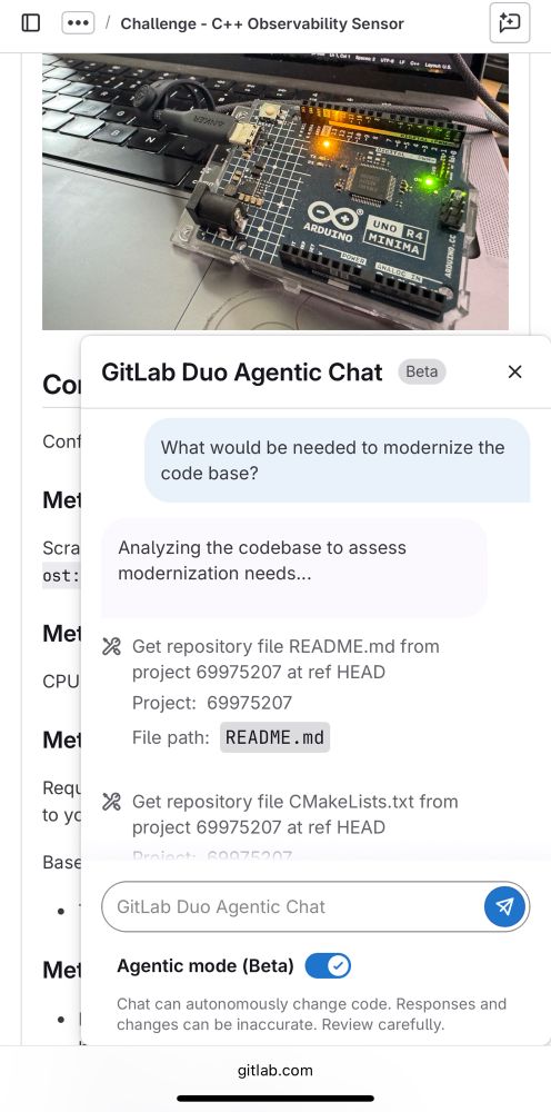 GitLab Duo Agentic Chat - prompt "What would be needed to modernize the code base?" with agent tools analyzing the GitLab project source code, activities with reading files to understand the context. 