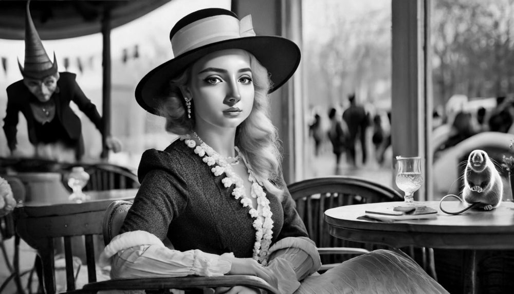 Image d’une femme dans un café, à gauche un diable et à droite une souris. Image générée via une IA.