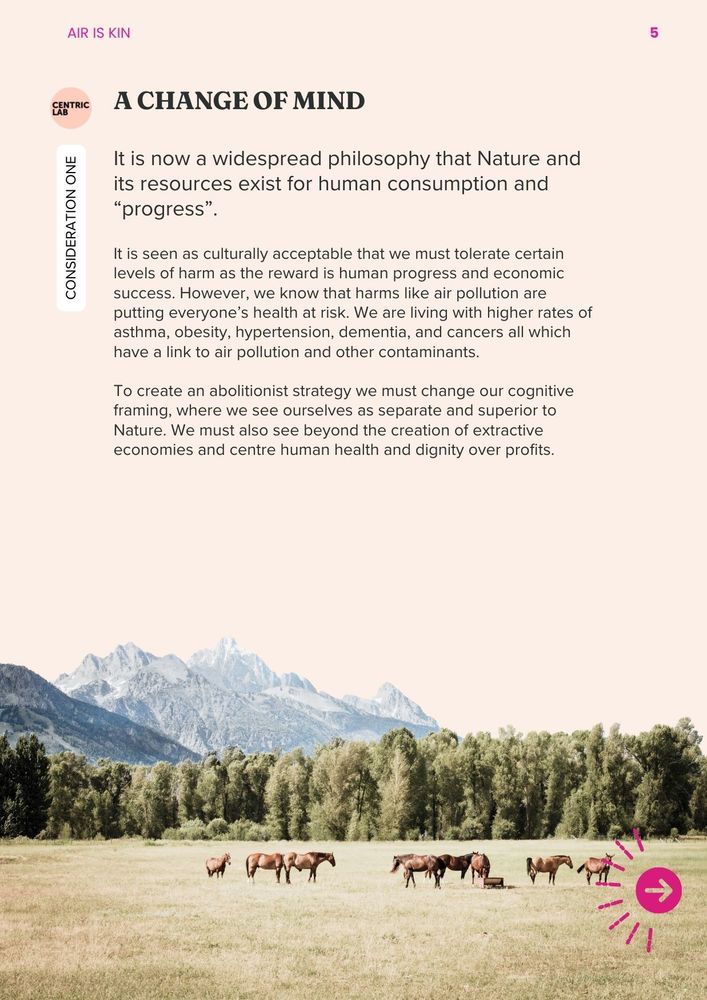 Consideration 1: A Change of Mind 
It is now a widespread philosophy that Nature and its resources exist for human consumption and “progress”. It is seen as culturally acceptable that we must tolerate certain levels of harm as the reward is human progress and economic success. However, we know that harms like air pollution are putting everyone’s health at risk. We are living with higher rates of asthma, obesity, hypertension, dementia, and cancers all which have a link to air pollution and other contaminants.  
To create an abolitionist strategy we must change our cognitive framing, where we see ourselves as separate and superior to Nature. We must also see beyond the creation of extractive economies and centre human health and dignity over profits. 
