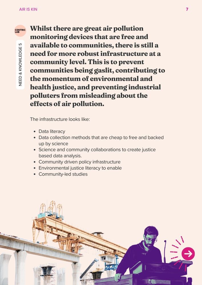 Whilst there are great air pollution monitoring devices that are free and available to communities, there is still a need for more robust infrastructure at a community level. This is to prevent communities being gaslit, contributing to the momentum of environmental and health justice, and preventing industrial polluters from misleading about the effects of air pollution. 

The infrastructure looks like:

Data literacy
Data collection methods that are cheap to free and backed up by science
Science and community collaborations to create justice based data analysis.
Community driven policy infrastructure 
Environmental justice literacy to enable 
Community-led studies 
