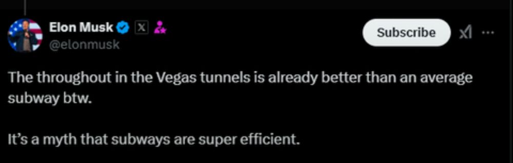Elon musk in a tweet:

The throughout in the Vegas tunnels is already better than an average
subway btw.
It's a myth that subways are super efficient.