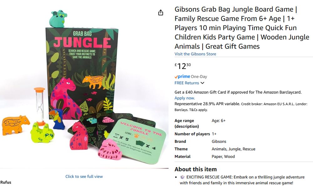 Showing the amazon.co.uk page for Grab Bag Jungle being offered for £12.30