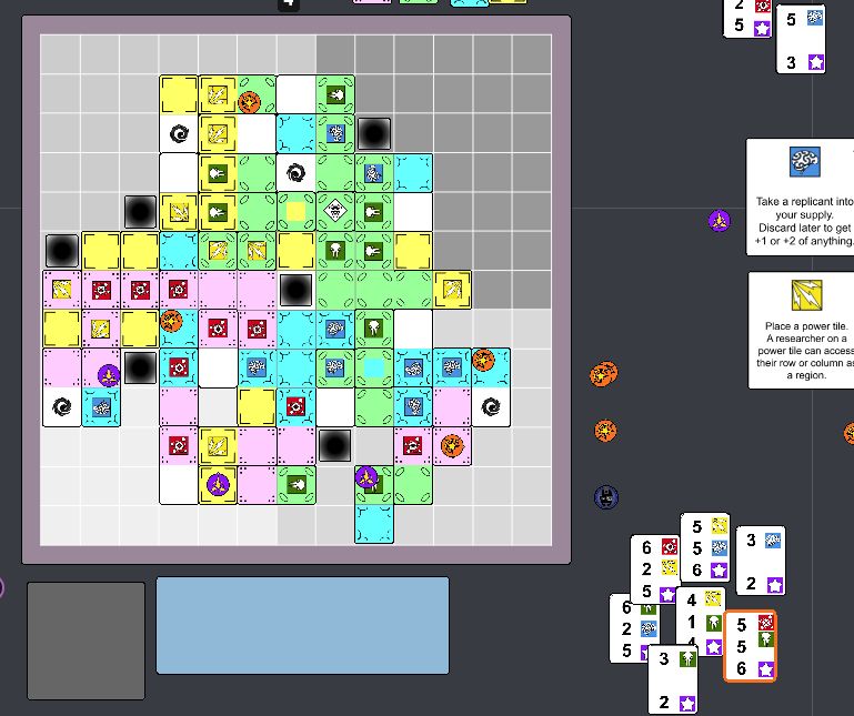 A virtual board game prototype with colourful tiles and tokens, and cards with icons and numbers on.