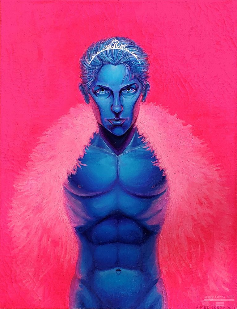 A blue and purple skinned male looking at you. The background is bright pink, which is reflecting off his skin. He is wearing a large pink feather boa and a white swan tiara.