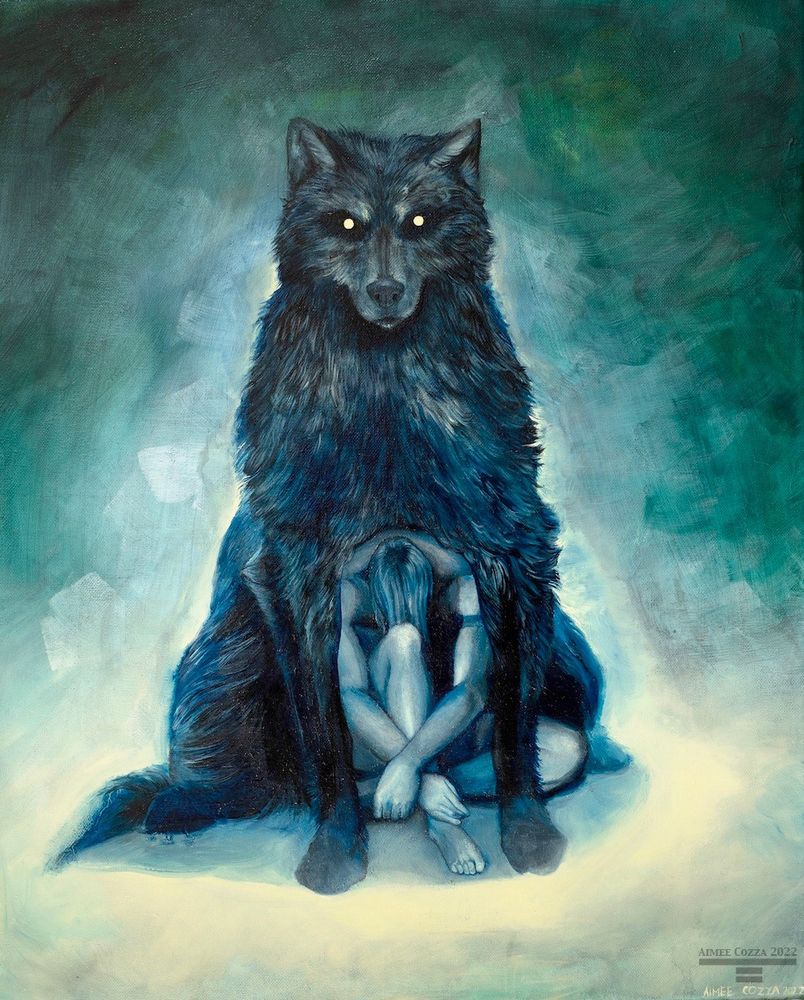 Limited color palette oil painting of a large black wolf with luminous eyes sitting on a foggy foreground. A curled up man is protected behind the wolf's front legs and paws, pushed up into the wolf's belly.