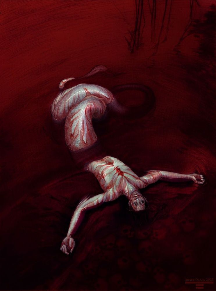 Illustration of a merman with an eel-like body reclined upside down in blood/bloody water. Blood rolls off of his chest and body and he looks almost dead... If not for the small smile on his face. You can barely make out the cluster of skulls he is resting atop of.