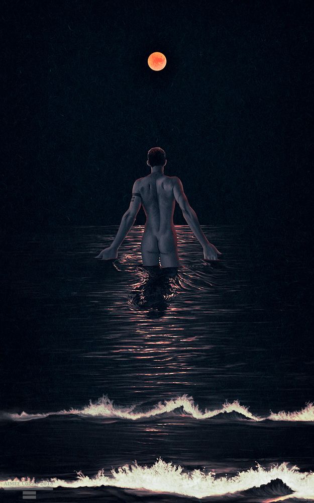 An illustration at night of a man walking into the ocean. His back is facing us. He is nude. His hands are out as he combs them through the oceanic waves. He is looking towards the large red-orange blood moon in the distance. The red-orange reflection of the moon ripples across the ocean waves.
