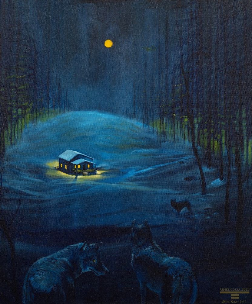 A mainly blue oil painting depicting a cabin amidst a clearing in the woods, covered in and surrounded by snow. It is night and the moon is yellow and full in the sky. Wolves are silhouetted emerging from the forest, with yellow, glowing eyes.
