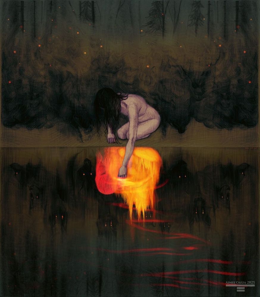 Illustration of a nude woman with black hair, kneeling by the edge of reflective water in the forest. On the top half, billows of smoke and embers surround her, but as revealed by the reflection, she is made of flame and the smoke clouds around her are dark wolves with burning embers for eyes.