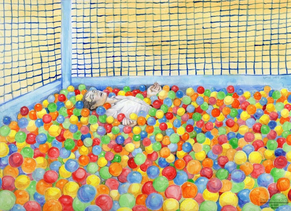 A spin on the painting "Ophelia". Instead of a river there is a ball pit full of multicolored plastic balls. The ball pit is contained by netting. Inside is a fully grown adult man half surfaced looking dead.
