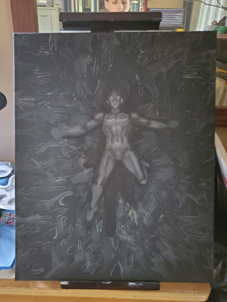Black and white canvas underpainting of a man falling backwards into a bunch of grabbing hands.