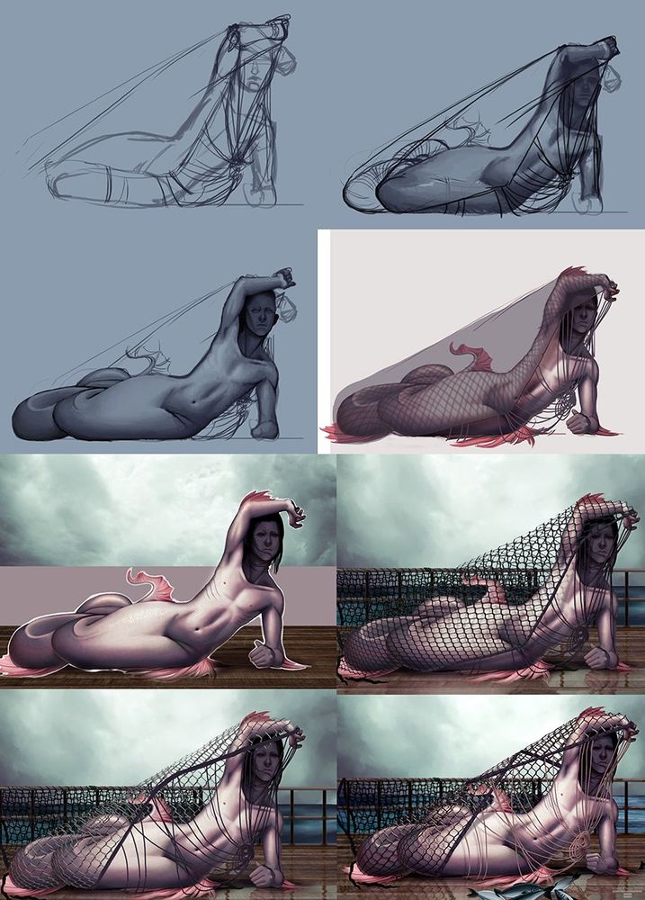 8 images of a fish-like man stuck in a net, from sketch to final rendered digital artwork.