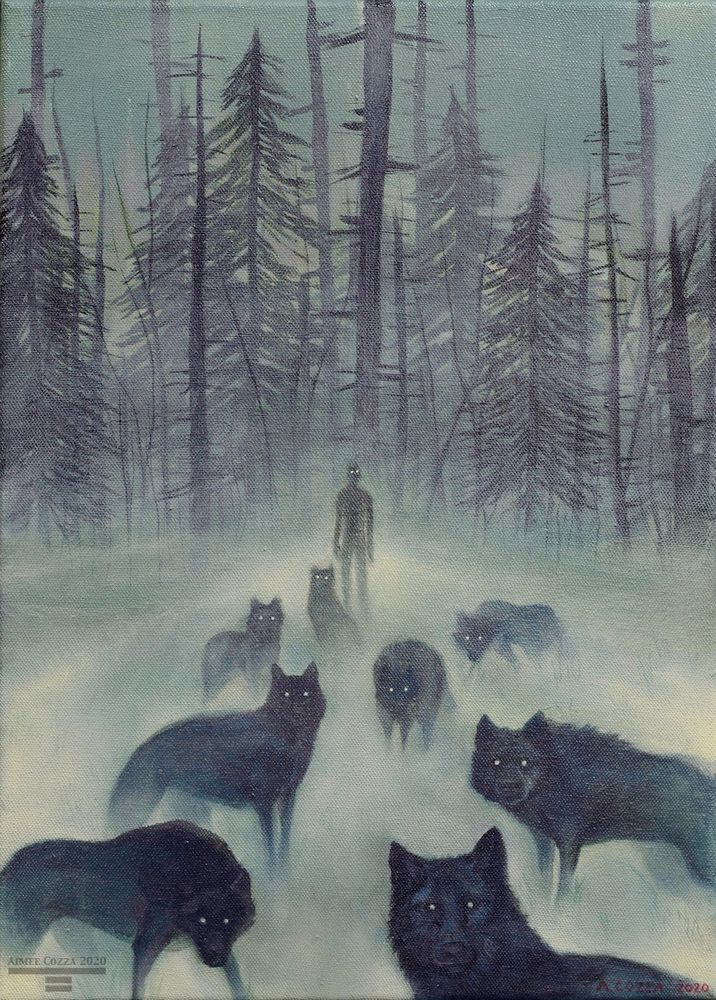 An oil painting of a foggy, monochrome forest with a singular man with glowing eyes standing in front of it. Before him are multiple shadows of wolves, their eyes glowing in the darkness as well.