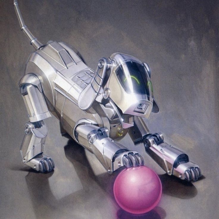 Colored drawing of an Aibo robot dog by Hajime Sorayama