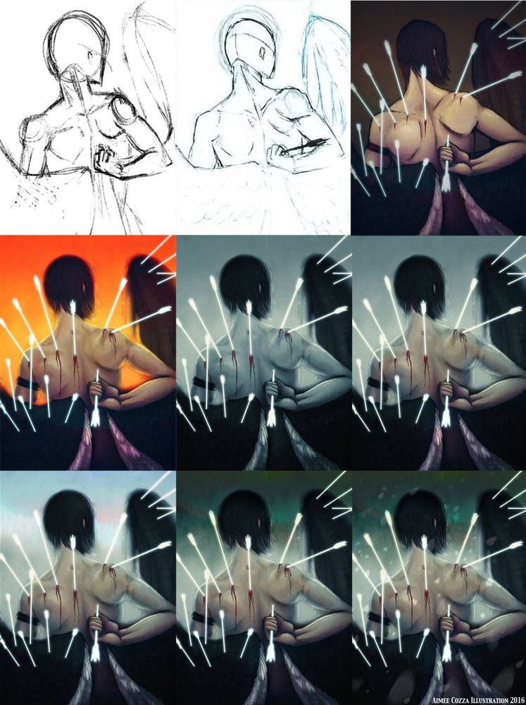 9 images from sketch to completed digital painting of a man with large wings, reaching backwards to pull luminous arrows out of his back.