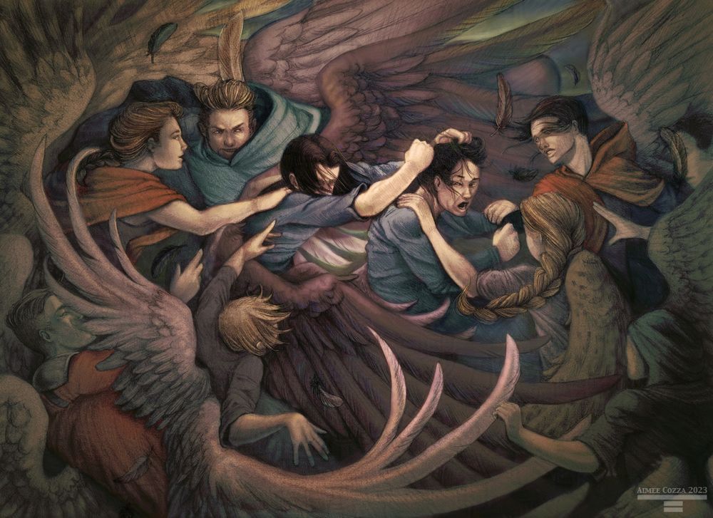 Ten winged people in a baroque style drawing. There is one man in the middle with long dark hair grabbing another by his scalp and punching him in the side of the head, while the rest try to pry him off. Feathers and wings are flying everywhere.