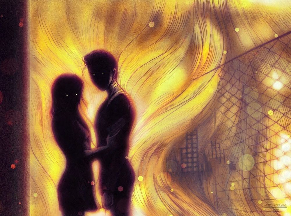 Two people silhouetted against a backdrop of a burning city, flame nipping at their backs and shoulders. They are standing non-chalantly, shadowed besides their glowing eyes. A woman is to the left, body facing the right, but face facing the viewer. She is holding a pistol in one hand. A man is to the right, body facing the woman to the left, but face facing the viewer. He is holding a cigarette.