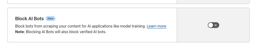 A screenshot of Cloudflare's "block AI Bots" setting.