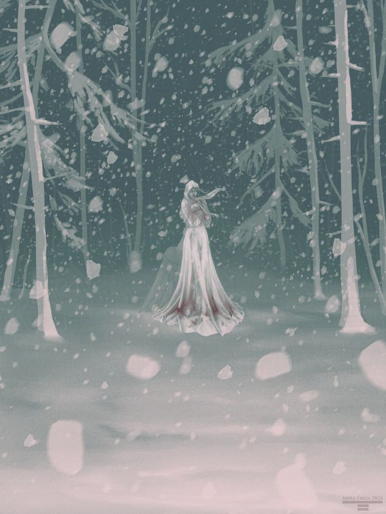 A woman dressed in white standing amidst a roaring blizzard in the forest. Her hair and hood are whipped by the wind; her eyes are glowing, and she's cradling a baby-shaped wrapped object in her arms. Her dress and mouth are stained with blood.
