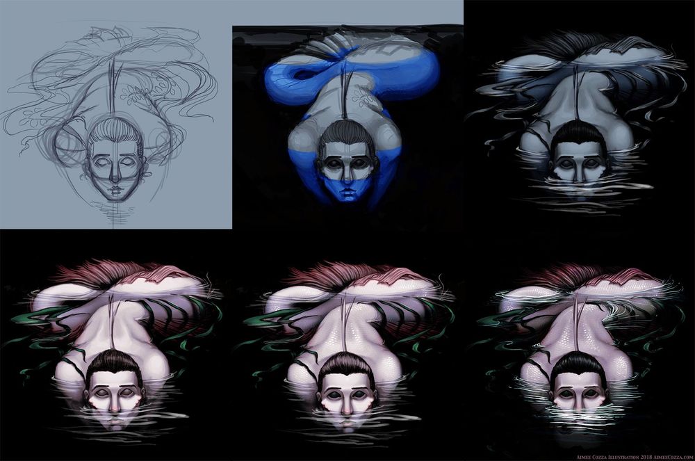 6 images from sketch to complete rendered work of a fishlike man laid in blackened water looking up at the viewer sadly.
