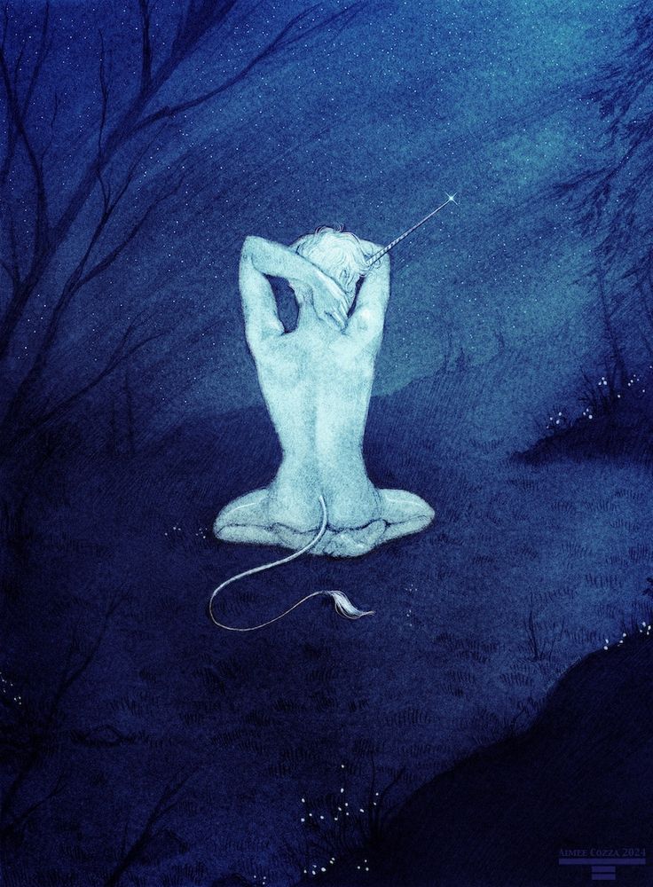 A nude man sitting in a meadow amongst the forest at night, viewer at his back. He is sitting on his haunches, stretching both arms upwards, and has a thin white unicorn horn emerging off his forehead, as well as a thin, whiplike unicorn tail.