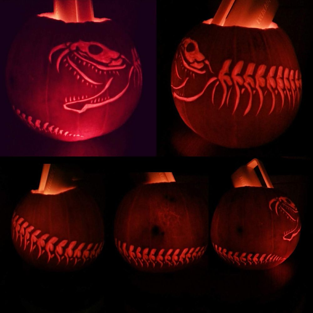 A pumpkin with a snake skeleton carved around the entire outside of it.