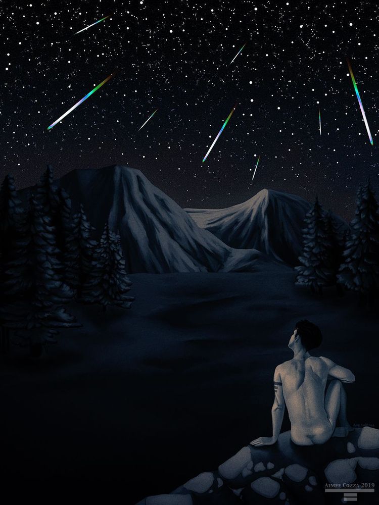 An illustration of a man sitting during winter nude amongst a snowy forest and mountains looking up at the Geminids meteor shower.