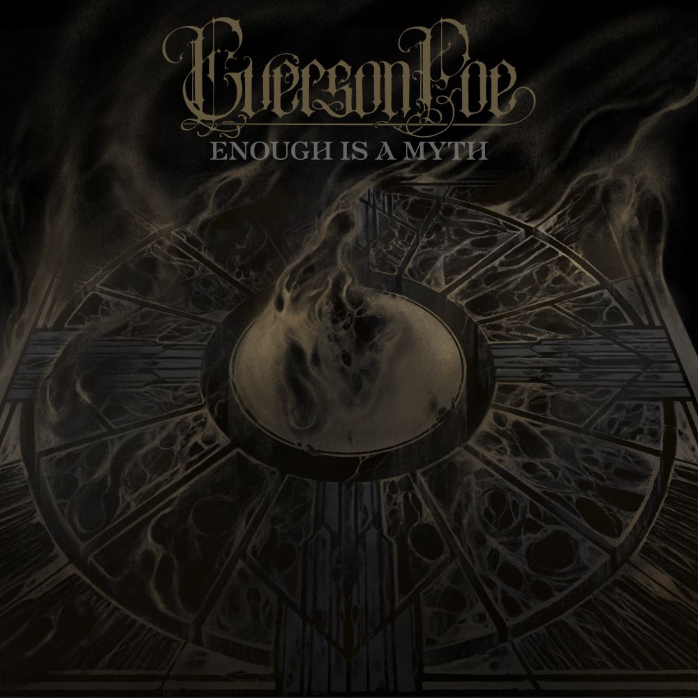 cover art for the new everson poe album enough is a myth, created by unknown relic. a smoky version of the lament configuration puzzle box from hellraiser 2022, seen at a slight angle. the entire image is rendered in black/grey/gold. the stylized new everson poe logo appears at the top, under which the text reads "enough is a myth".