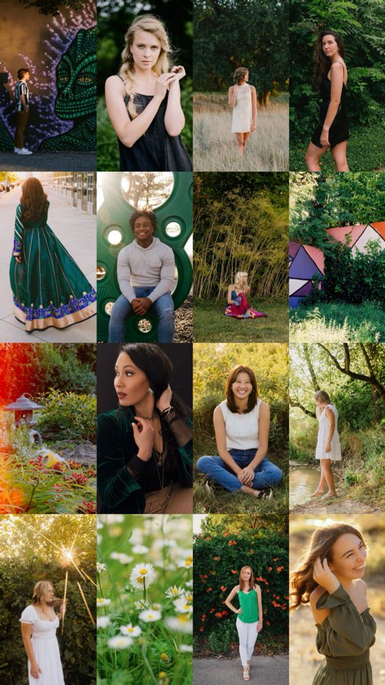 An array of portrait and nature photographs containing the color green