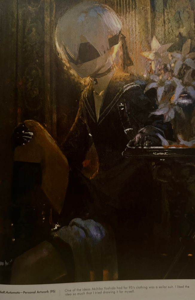 lieR: Automata- Personal Artwork (95) One of the ideas Akihiko Yoshida had for 9's clothing was a sailor suit. I liked the idea so much that I tried drawing it for myself.

A portrait of 9S. Flowers sit still beside him in a vase. 