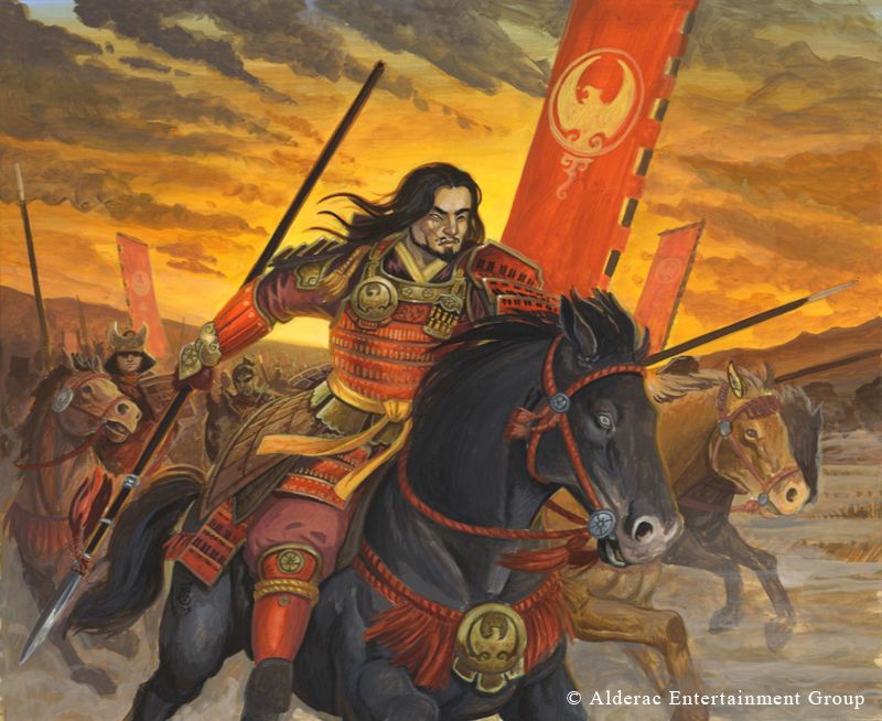 A samurai cavalry army of the Phoenix clan charges over a slightly foggy plain with the sunrise in their back. It is led by an experienced samurai with long black hair riding a black horse. All warriors are dressed in red, yellow and gold.