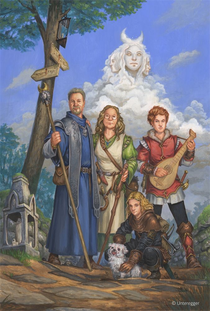 A family group of four is standing at a crossroads sign, dressed in fantasy clothing. The father is dressed as a cleric, the mother as a healer, the daughter is a bard and the son a rogue. The small white dog is sitting in the front beside the crouching son.
In the background the clouds form the three-faced head of a goddess, with the face of a young girl on the left, a young woman in the middel and an old woman on the right.