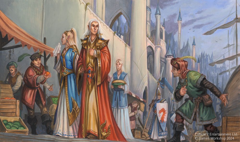 Noble high elves walking down docks in the city of Lothern where traders from Tilea offer them all kinds of fruit and fine cloth. Lothern Sea Guard patrol behind them and on the walls above. Tall spires reach into the sky.
