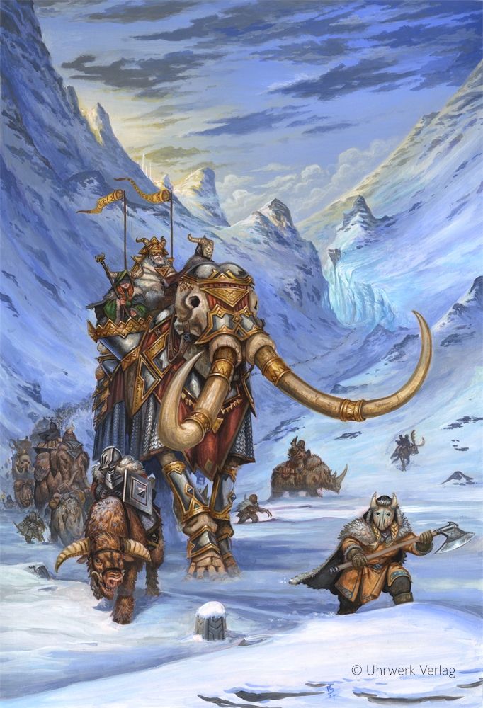 A big caravan of Frynjord dwarves snakes itself through a big frozen valley towards the viewer.At the fron is a giant skeletal mammoth dressed in elaborate armour. 