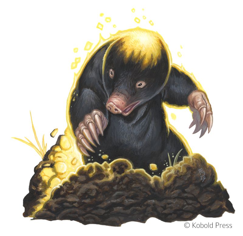 A mole gets out of its hole, looking as if poised for a fight or something like. From its back it radiates a shimmering, golden light.