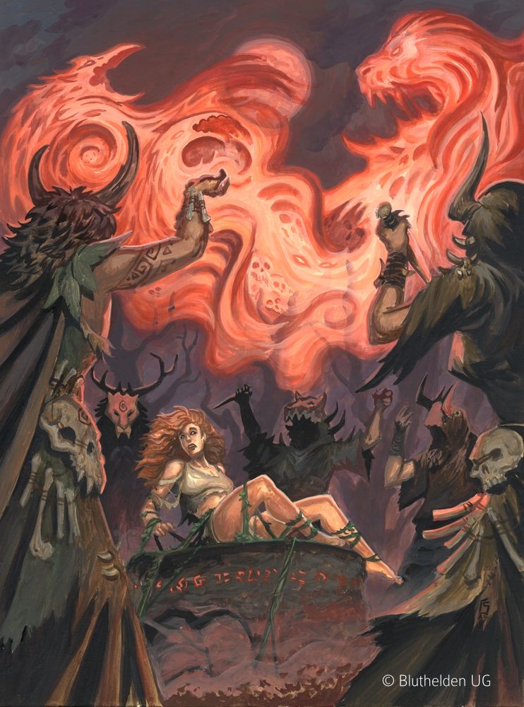 A ritual in an old, dark forest. A young woman with red hair is bound with vines on a rough altar surrounded by masked figures who are casting some sort of spell, most likely sacrificing her in the process.
