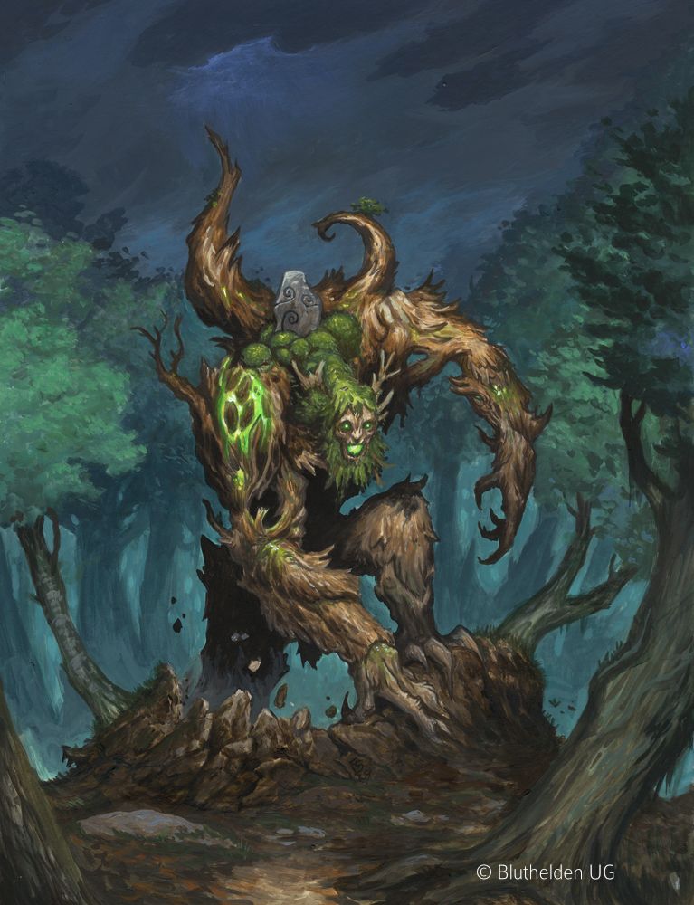 The avatar of the forest, a big treeman, breaking out of the earth, looking towards the viewer. Out of their moss-covered bark skin, eyes and mouth  emanates green light.
