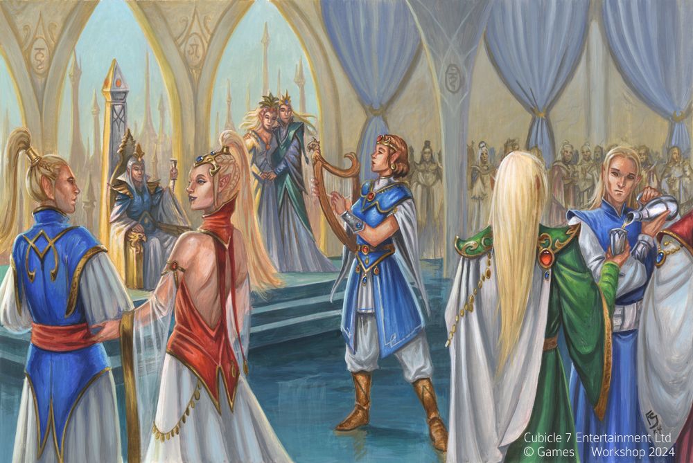 A scene depicting the wedding of a high elf lords daughter with a lot of noble high elves drinking and in conversations. In the back is the lord on his throne, with the newly weds beside him, in front of high windows which look out onto the city spires.
A young female bard is standing in the middle of the scene, singing and playing her harp.
