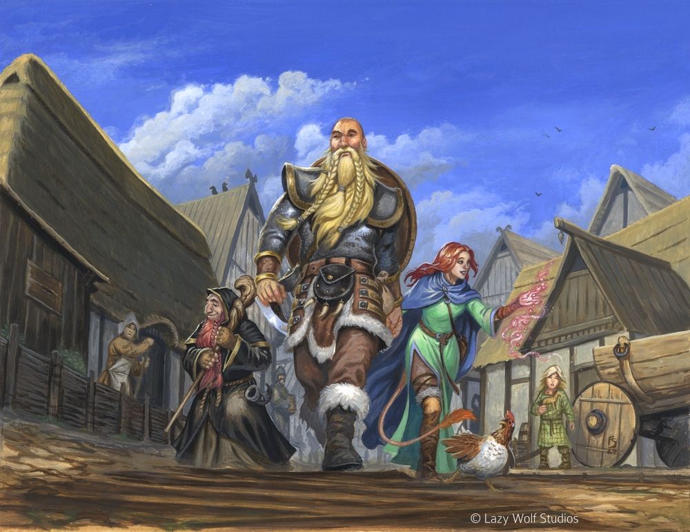 A group of adventurers is walking down a street in Bense, a viking inspired town. The human warrior, dwarven warlock and human-like wizard are being watched by several towns-folk.